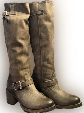 Freebird by Steven Women’s Tall Leather Brown Distressed Harness Boots, size 9